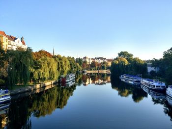 Scenic view of river by trees against clear sky