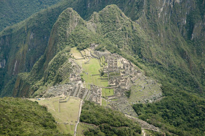 High angle view of old ruin on mountain