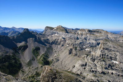 Scenic view of dramatic landscape against clear blue sky