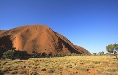 Scenic view of desert against clear blue sky