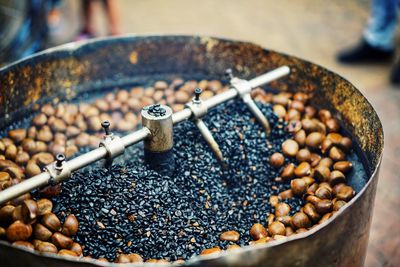 High angle view of coffee beans in container