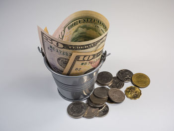 High angle view of coins