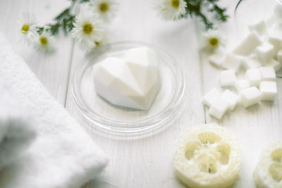 High angle view of white apple on table