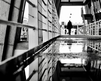 Rear view of man walking on staircase in building