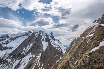 Panoramic view of snowcapped mountains against sky