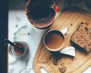 High angle view of breakfast on table