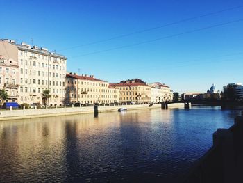 City by river against clear blue sky