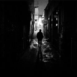 Rear view of woman walking in illuminated building