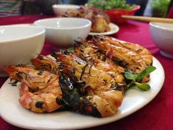 Close-up of seafood in plate on table