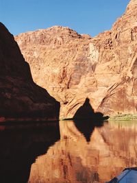 Scenic view of lake and mountains against clear sky