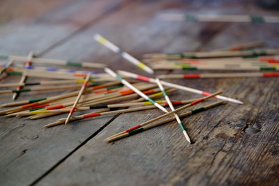 Close-up of multi colored pencils on table