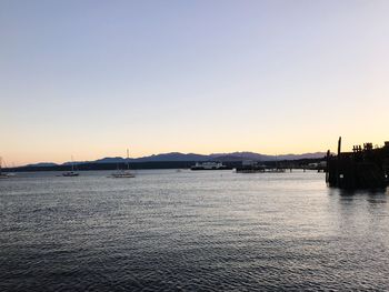 Sailboats in sea against clear sky during sunset