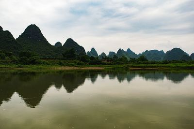 Scenic view of lake and mountains against sky