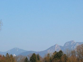 Scenic view of mountains against clear blue sky