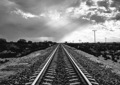 Railroad tracks on landscape against cloudy sky