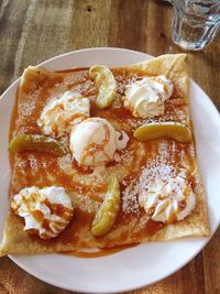 High angle view of dessert in plate on table