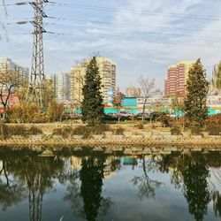 Reflection of buildings in lake