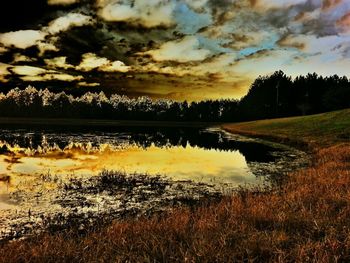 Scenic view of lake at sunset