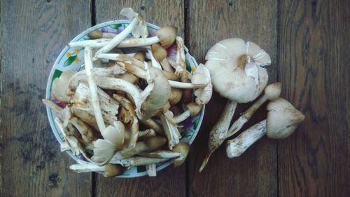 High angle view of mushrooms on table