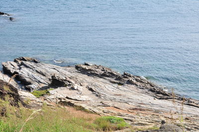 High angle view of rocks on sea shore