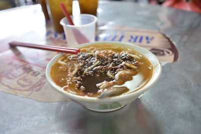 Close-up of soup in bowl on table