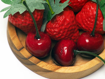 High angle view of strawberries on table