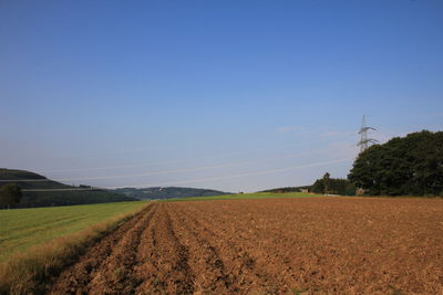 Scenic view of agricultural field against clear sky