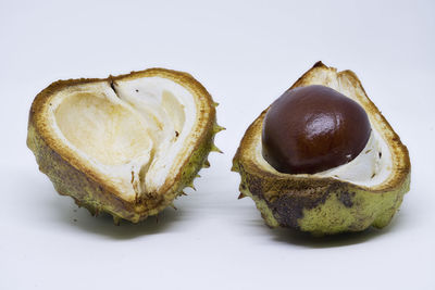 Close-up of cake against white background