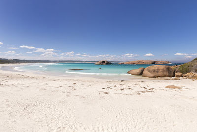 Scenic view of beach against blue sky