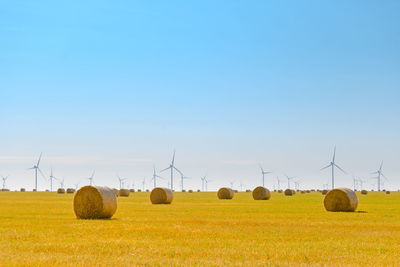 Hay bales on field against clear blue sky
