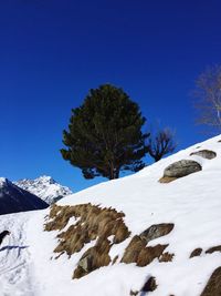 Scenic view of snow covered field against clear sky