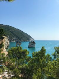 Scenic view of sea against clear blue sky