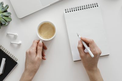 High angle view of coffee cup on table