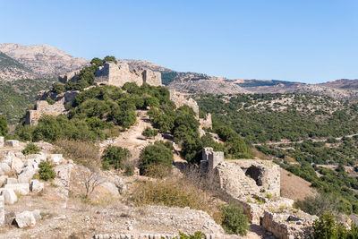 Built structure on landscape against clear sky