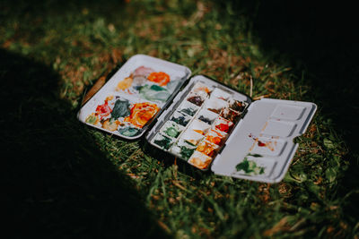 High angle view of breakfast on table