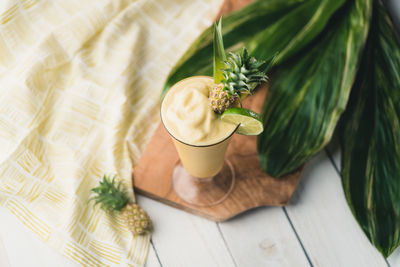 High angle view of drink on table