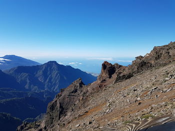 Scenic view of mountains against clear blue sky