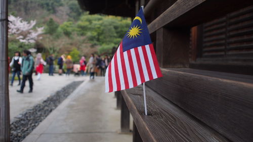 Flags on footpath in city