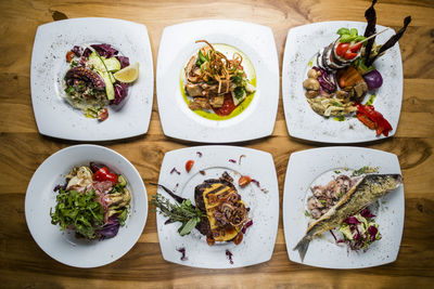 High angle view of serving food on table