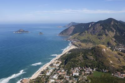 Scenic view of sea and mountains against sky