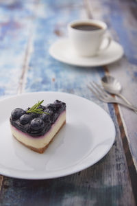 High angle view of cake in plate on table