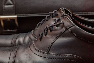 High angle view of leather shoes
