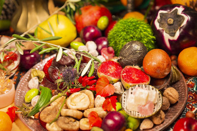 Close-up of fruits in plate on table