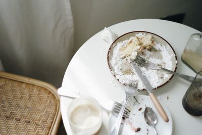 High angle view of dessert in plate on table