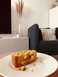 Close-up of dessert served on table at home