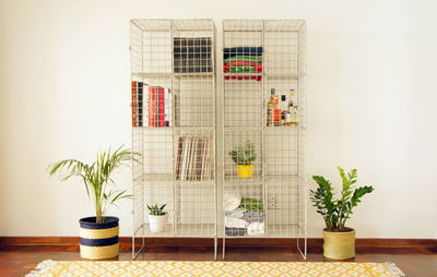 Vintage wire lockers with pot plants and rug