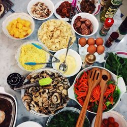 High angle view of various food stuffs on kitchen counter