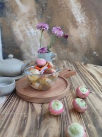 High angle view of pink flowers on table