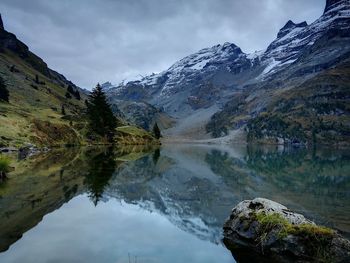 Scenic view of lake and mountains against sky