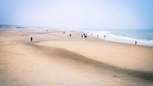 People walking on sand against sea at beach